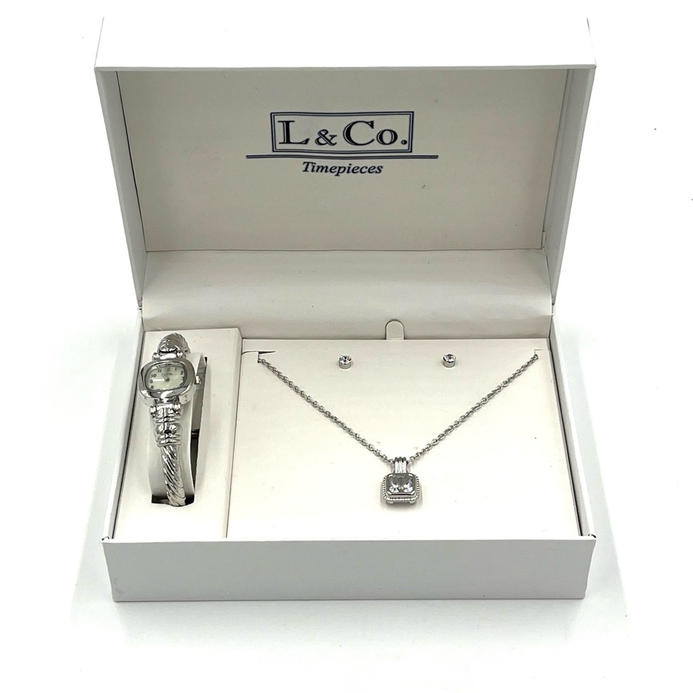 NIB L & Co Timepieces Silver Tone Watch/Necklace/Earring Set